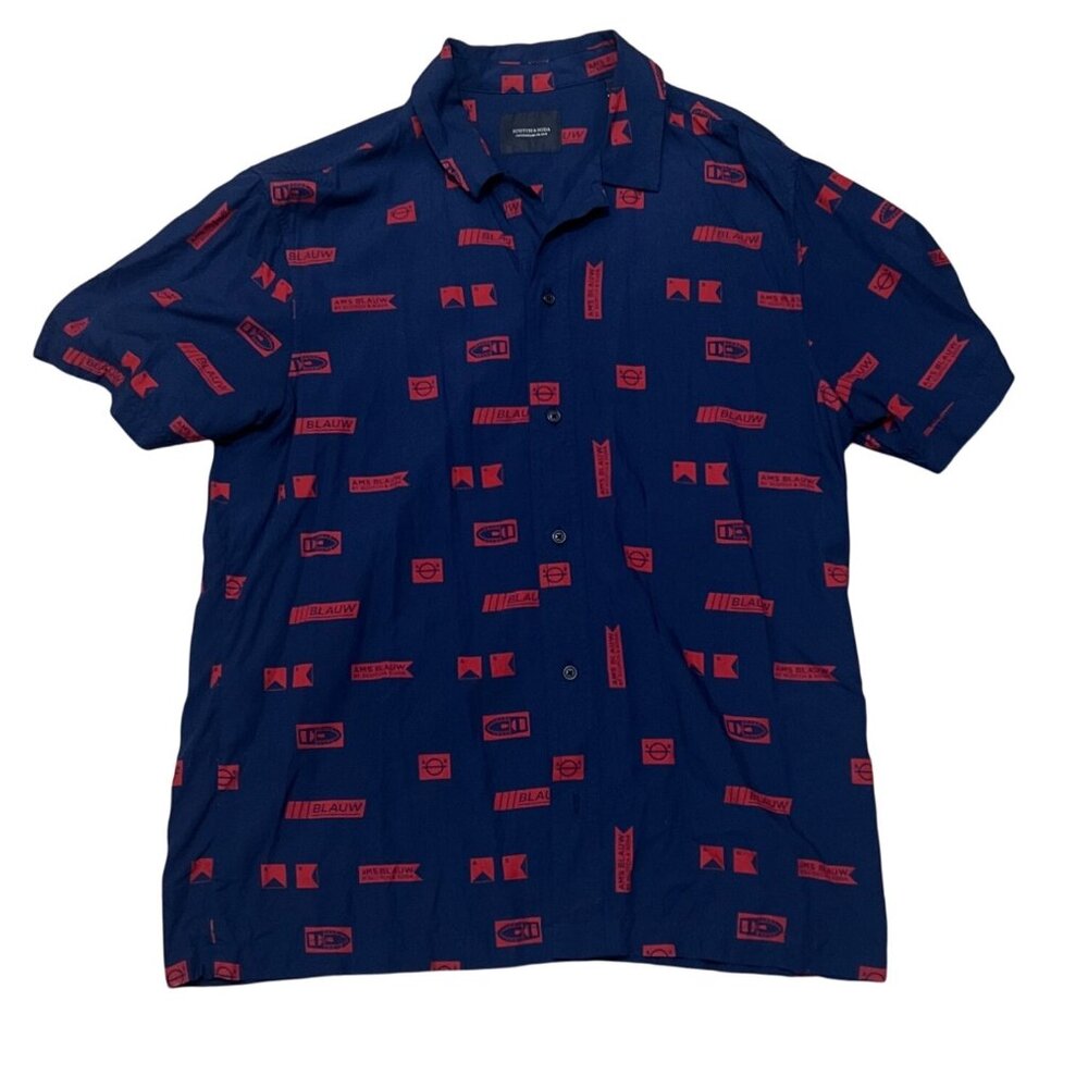 Scotch & Soda Ams Blauw Mens Short Sleeve Shirt Navy With Red Print Viscose Butt